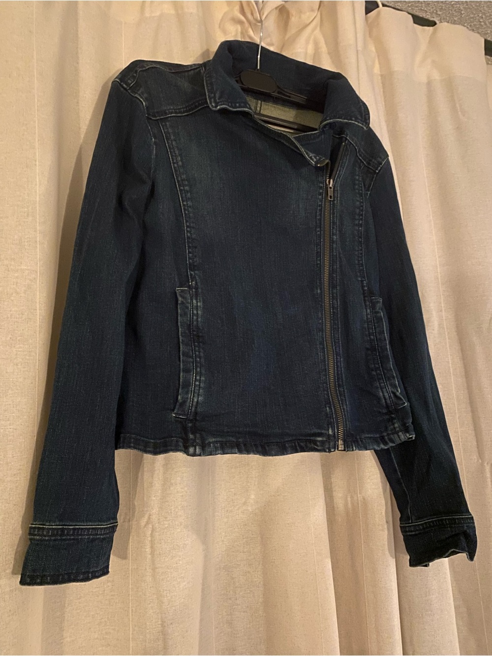 Women's Dark Blue Denim Jacket with Asymmetric Zip